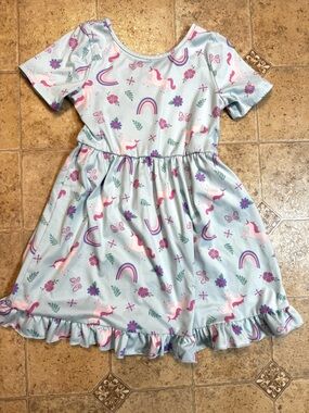 Girls Pinky Turquoise Unicorn Rainbow Short-Sleeved Dress Sz 8